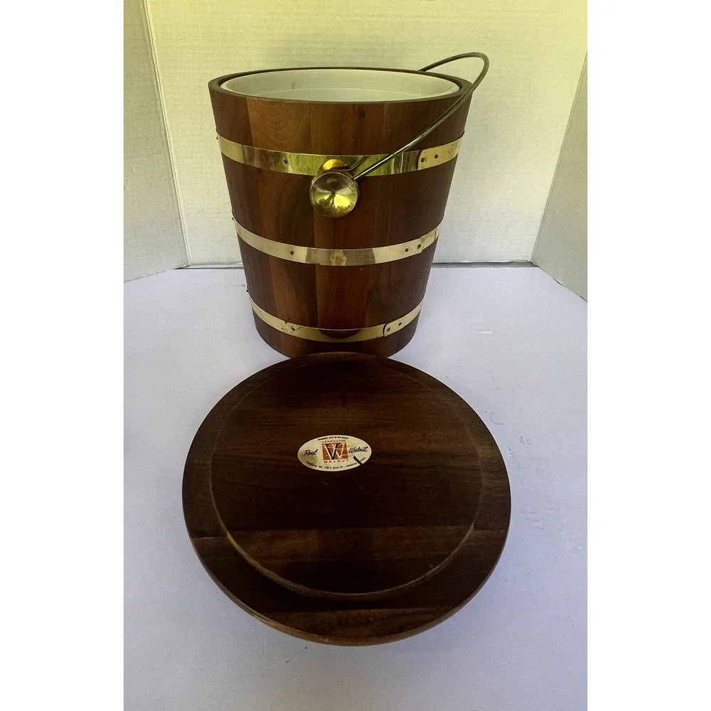 Ice Bucket Walnut Wood Vermillion Brass Vintage liner bucket‎  MCM